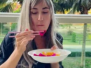 Blonde Teen Model Teases with Chopsticks and Exotic Fruits