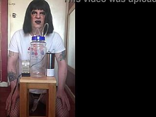 Bisexual Crossdresser Milks With Portable Machine