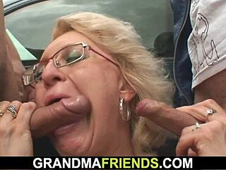 shaved pussy blonde granny takes double pounding outdoors