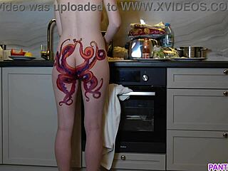 Naked Housewife With Octopus Tattoo Cooks Dinner Naked