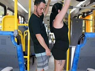 Dirty brunette gets cock rubbed on her ass in public bus until he cums