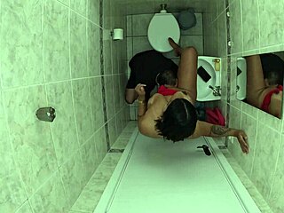 Daring anal lover in public bathroom thrill