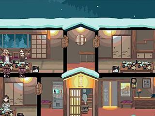 Hentai game pixel art shows three girls fucking each other’s partners.