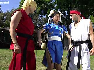 Jade Kush as Chun Li takes two huge cocks.