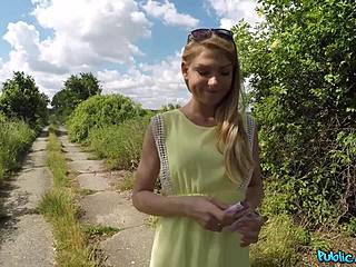 Young and a Bit Shy Blonde Undressing Outdoors for Cash