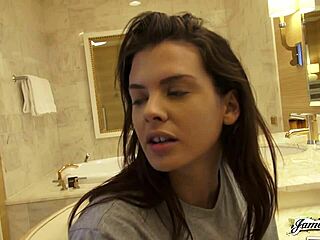 check out the bold backstage banging of a stunning young brunette with huge tits