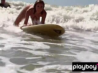Bold blondie with big boobs dominates naked surfing