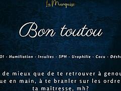 In this french femdom video, the mistress gives jerk off instructions to her good dog