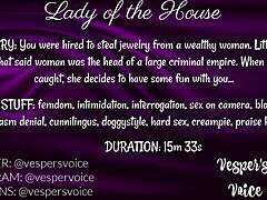 Dominant female interrogates and uses handcuffed man for pleasure.