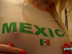 this striking babe gets her juicy pussy full of warm pee and then squirts everywhere