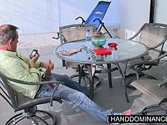 Blondie surprises her step-dad with a handjob on his monster cock