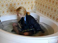 I feel so horny in my college uniform, showing off these wet panties and squirting everywhere.