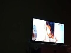 We started watching porn and she began massaging my cock until she milked every drop from it.