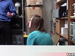 in a tense shop scenario, cute teen Emma endures rough doggy-style fucking from a security guard as her boyfriend watches helplessly