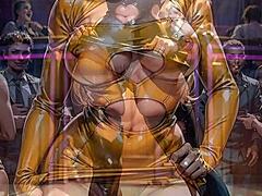 Blonde in tight bodycon subtly reveals her allure at a bustling nightclub