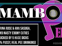 Two Nasty Ebony Cuties Handle Five Huge Dicks in Suggestive DAP with Real Pee Drinking