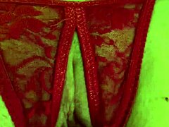 Oh wow, that shaved pussy in red thongs is getting so wet from fingering 😏