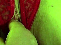 Oh wow, that shaved pussy in red thongs is getting so wet from fingering 😏