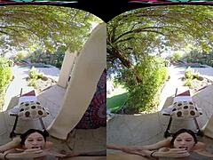 vrhush tells how naughty petite brunette jazmin luv rides cock outdoors