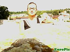 Real pulled European teen babe flashing glasses outdoors next door in public reality.