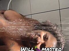 Black muscular bodybuilder visits home for a shower but receives a massive cum bath