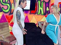 Brazilian Blonde Patricinha Visits Tattoo Studio For Pussy Ink But Ends Up In Wild Blowbang With Gaping And Farting In See-Through Outfit. Tatuadores Devour Her Pink Tight Pussy With Intense Licking And Banging.