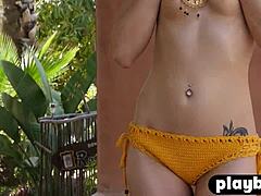 sexy small tits milf strips lingerie to expose natural tits and ass in hot outdoor solo posing