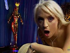 Skinny tattooed milf short blonde hair bent over fucked rough by big cock guy at club