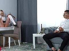 Nerd experiments with anal sex on slim tattooed blonde in rough doggystyle and cowgirl positions