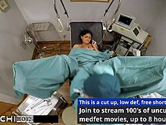 Curly petite Latina Yesenia Sparkles spreads shaved pussy for doctor Tampa using vibrator in hospital orgasm exam