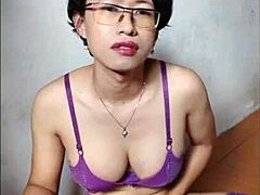 stunning asian shemale contrasts early morning solo with crossdressing cock play