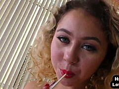 POV petite teen gives handjob talking dirty while moaning close-up wanking hard cock