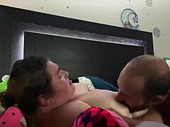 Sucking huge boobs of fat bbw with natural tits in close-up action