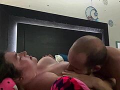 Sucking huge boobs of fat bbw with natural tits in close-up action