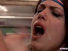 sporty chick with natural tits gets titty fucked in hot threesome 🔥