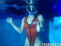 Helen Star models sexy swimwear during night apnea session in the pool