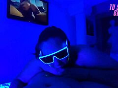 Deepthroat blowjob from submissive stepdaughter in neon room