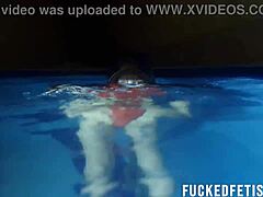 Helen Star models sexy swimwear during night apnea session in the pool