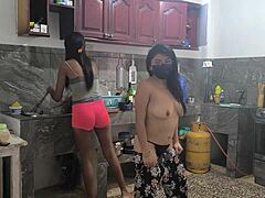 housewives feel so aroused prepping lunch for bosses, touching each other with sensual groping and passion