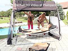 Fat bbw gets pounded in intense pool sandwich with submissive kinky action!