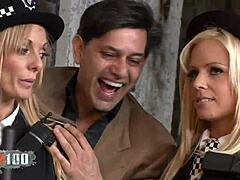 Two slutty blonde cops in stockings deepthroat and fuck the burglar in intense threesome with corset lingerie.