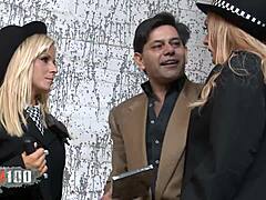 Two slutty blonde cops in stockings deepthroat and fuck the burglar in intense threesome with corset lingerie.