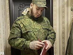 Soldier visits army mate's wife for pov blowjob anal creampie and rough doggystyle riding with clothes ripped off