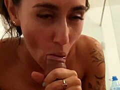 i love watching this cute teen girl pissing on a guy's cock in the bathroom before sucking it with wet blowjob and tight shaved pussy action