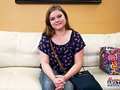 petite busty coed lauren goes from sucking cock to intense banging with rimjob and jizz swallow in this group domination scene