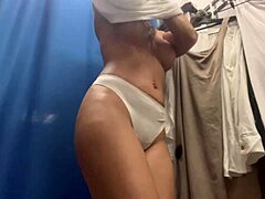 Hidden Camera in Dressing Room Captures Sexy Amateur Girl with Big Tits and Big Nipples Changing Panties Outdoors in Public