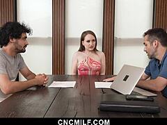 Stepson and husband dominate stepmom in hardcore group sex with big tits