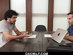 Stepson and husband dominate stepmom in hardcore group sex with big tits