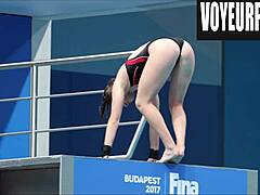 In a casual voyeur scene, young women in bikinis perform high dives with hidden camera views on their legs and asses.