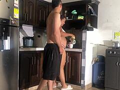 Brunette wife takes huge cock rough in hotel kitchen with bdsm elements